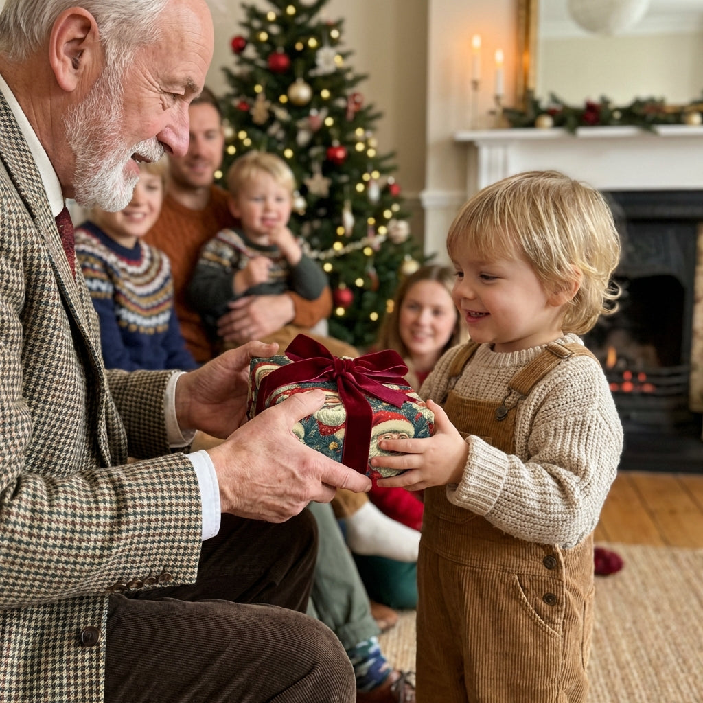 Grandfather giving child vintage-style Christmas gift wrap with velvet ribbon.