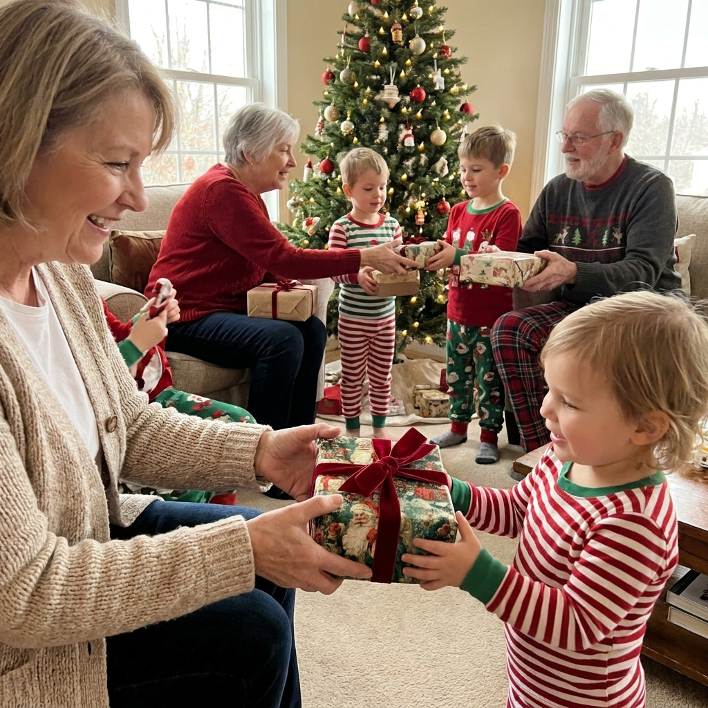 Family exchanging Christmas gifts wrapped in luxury Santa-themed paper with a deep red velvet bow by Wrapped Studios.