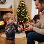 Boy receiving a present in vintage Santa Claus Christmas wrapping paper with red ribbon by Wrapped Studios.