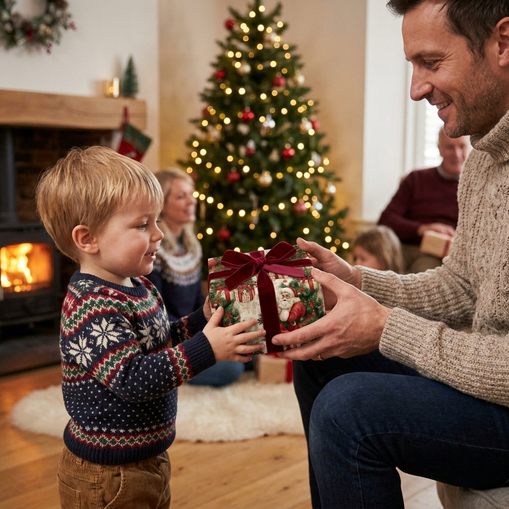 Boy receiving a present in vintage Santa Claus Christmas wrapping paper with red ribbon by Wrapped Studios.