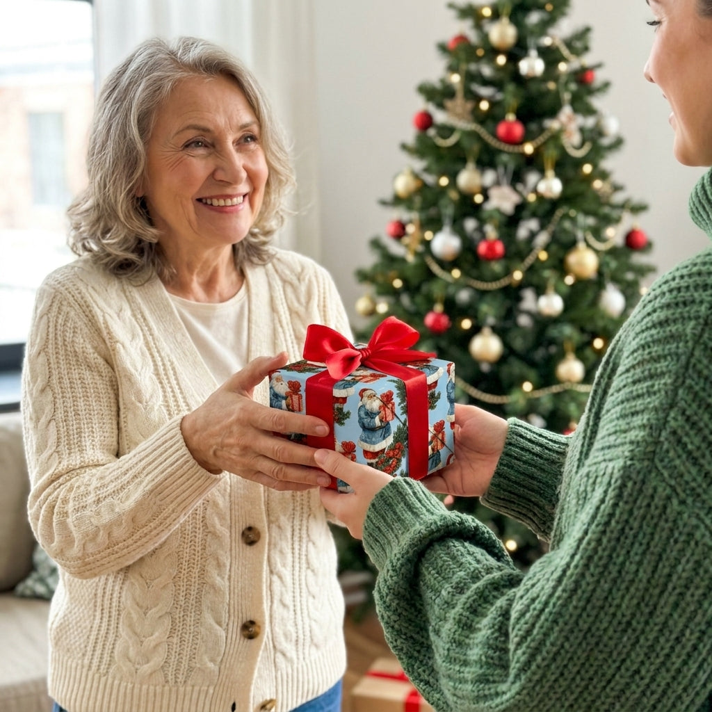 Woman receives gift in blue vintage Santa Claus Christmas wrapping paper by Wrapped Studios.