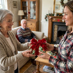 Family exchanging a holiday gift in green vintage Christmas wrapping paper with red velvet bow by Wrapped Studios