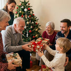 Family exchanging gifts in vintage Santa wrapping paper and rustic holiday gift wrap by Wrapped Studios.