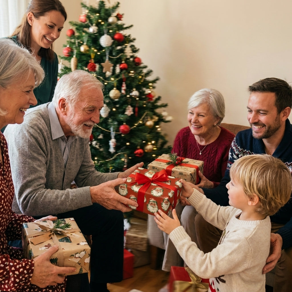 Family exchanging gifts in vintage Santa wrapping paper and rustic holiday gift wrap by Wrapped Studios.