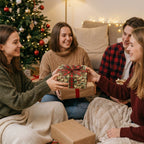Friends exchanging gifts wrapped in vintage Santa Christmas gift wrap with plaid ribbon by Wrapped Studios.