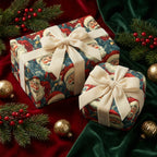 Two presents wrapped in vintage Santa Christmas wrapping paper with cream ribbon bows.