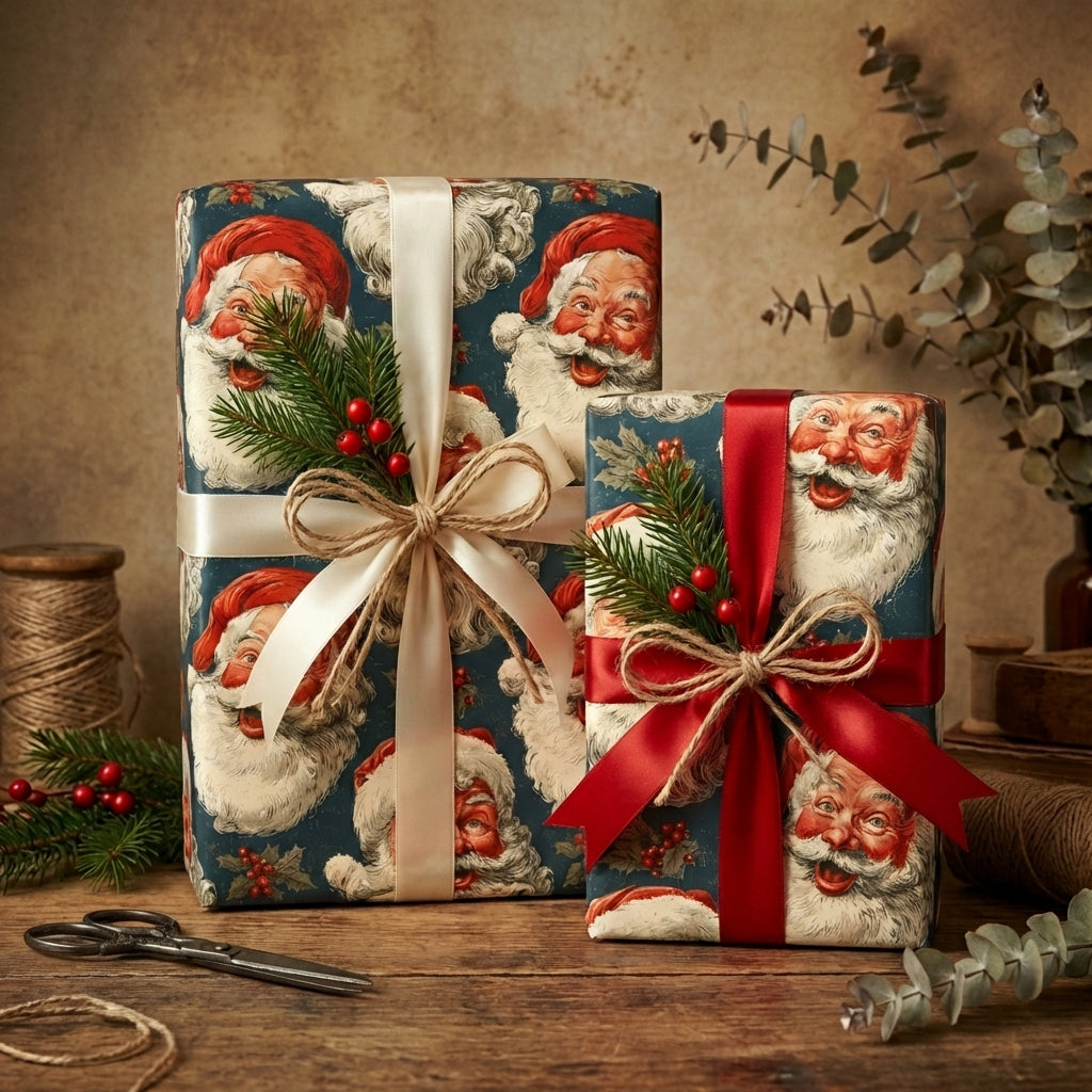 Vintage Christmas gift wrap featuring Santa, tied with ribbons and sprigs, for unique holiday presents.