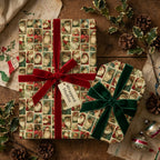 Vintage Santa Christmas wrapping paper on gifts with red and green velvet bows by Wrapped Studios.