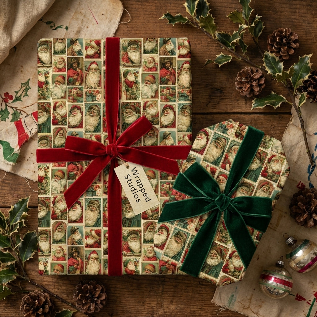 Vintage Santa Christmas wrapping paper on gifts with red and green velvet bows by Wrapped Studios.