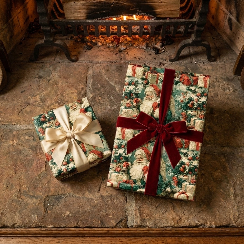 Luxury Christmas gift wrap from Wrapped Studios featuring vintage Santa patterns with velvet ribbons by a fireplace.