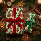 Vintage Santa Christmas wrapping paper with red velvet and green satin ribbons by Wrapped Studios.