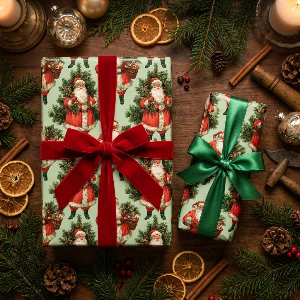 Vintage Santa Christmas wrapping paper with red velvet and green satin ribbons by Wrapped Studios.