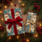 Vintage Santa Christmas wrapping paper on gifts with red velvet bow by Wrapped Studios.
