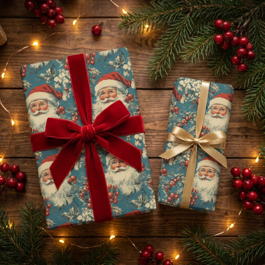 Vintage Santa Christmas wrapping paper on gifts with red velvet bow by Wrapped Studios.