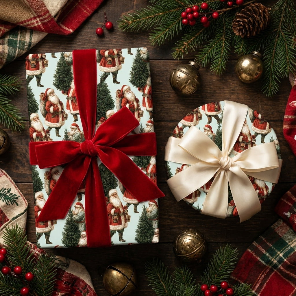 Vintage Santa Claus Christmas gift wrap on holiday boxes with velvet ribbon by Wrapped Studios.