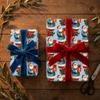 Vintage Santa Christmas wrapping paper with red and blue velvet bows on a wooden table by Wrapped Studios.