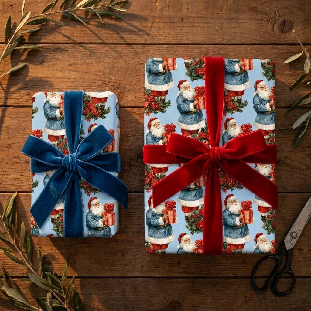 Vintage Santa Christmas wrapping paper with red and blue velvet bows on a wooden table by Wrapped Studios.