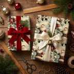 Vintage Santa Christmas wrapping paper on gifts with velvet and satin bows by Wrapped Studios.