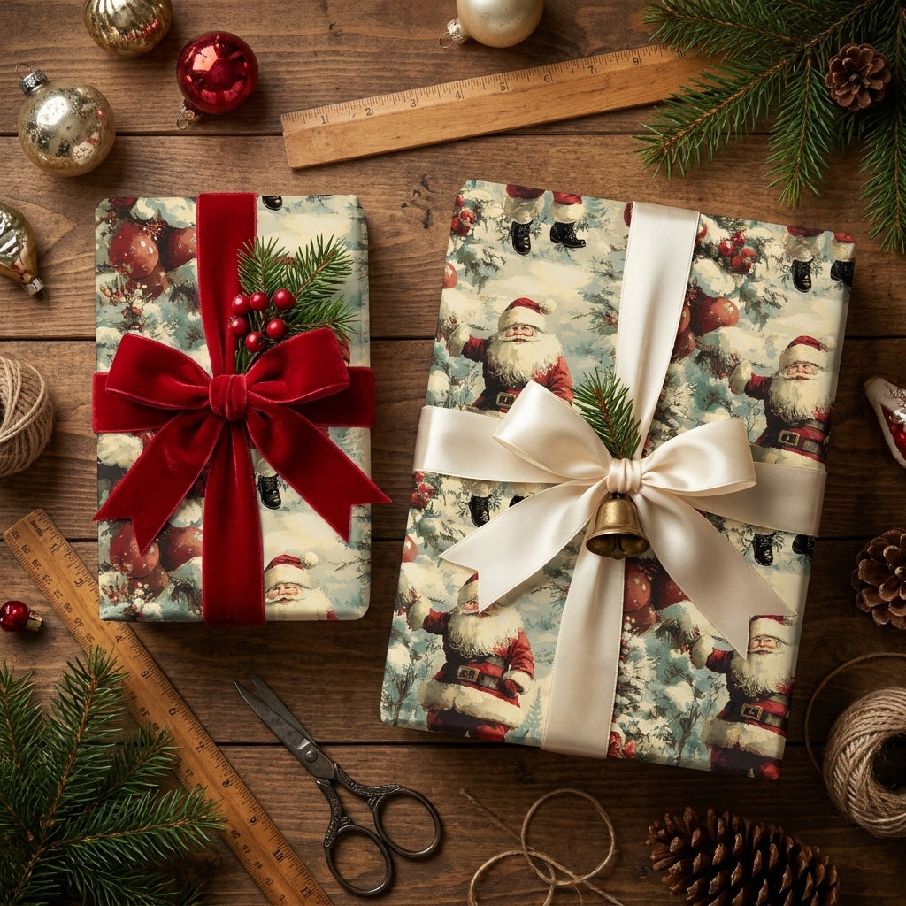 Vintage Santa Christmas wrapping paper on gifts with velvet and satin bows by Wrapped Studios.