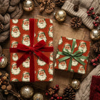 Vintage Santa Christmas wrapping paper with red and green ribbons on holiday gifts by Wrapped Studios.