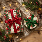 Vintage Santa Christmas wrapping paper by Wrapped Studios on holiday gifts with red and green ribbons.