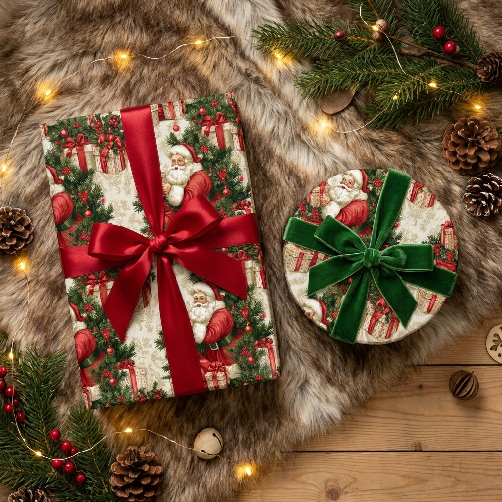 Vintage Santa Christmas wrapping paper by Wrapped Studios on holiday gifts with red and green ribbons.