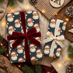 Vintage Santa Christmas wrapping paper with luxury velvet ribbon on cozy blankets by Wrapped Studios.