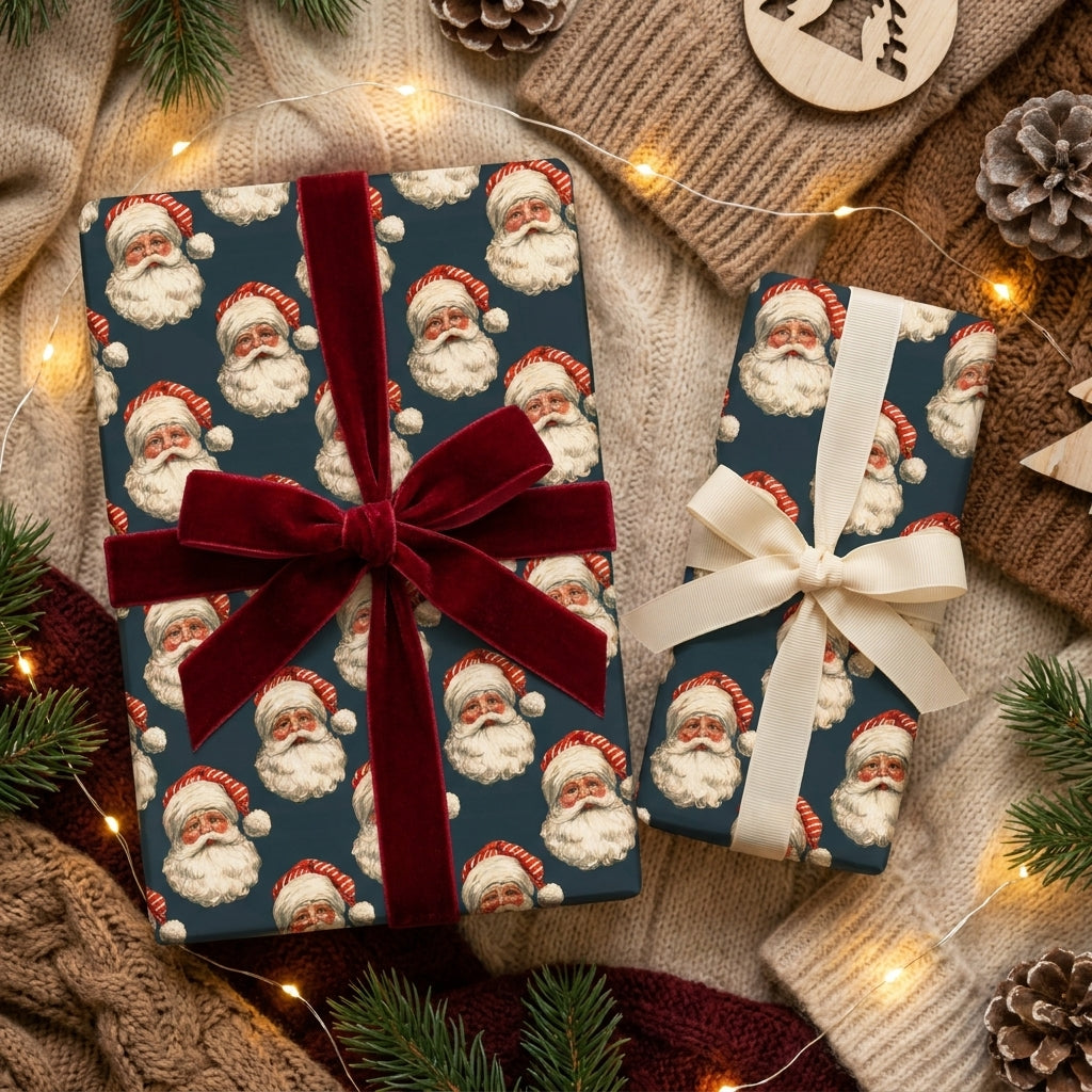Vintage Santa Christmas wrapping paper with luxury velvet ribbon on cozy blankets by Wrapped Studios.