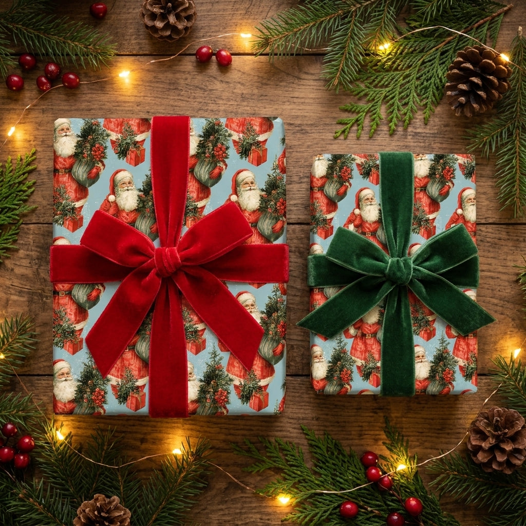 Vintage Santa Christmas wrapping paper by Wrapped Studios on gifts with luxury red and green velvet bows.