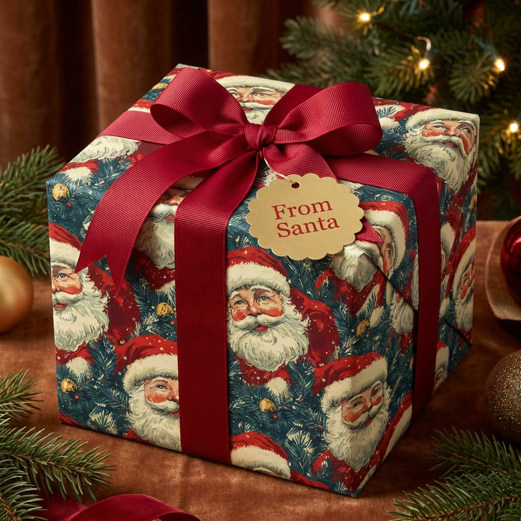 Christmas gift wrapped in Santa print paper with red ribbon and "From Santa" tag.