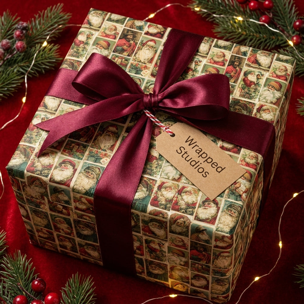 Vintage Santa Claus Christmas wrapping paper with a luxury burgundy bow by Wrapped Studios.