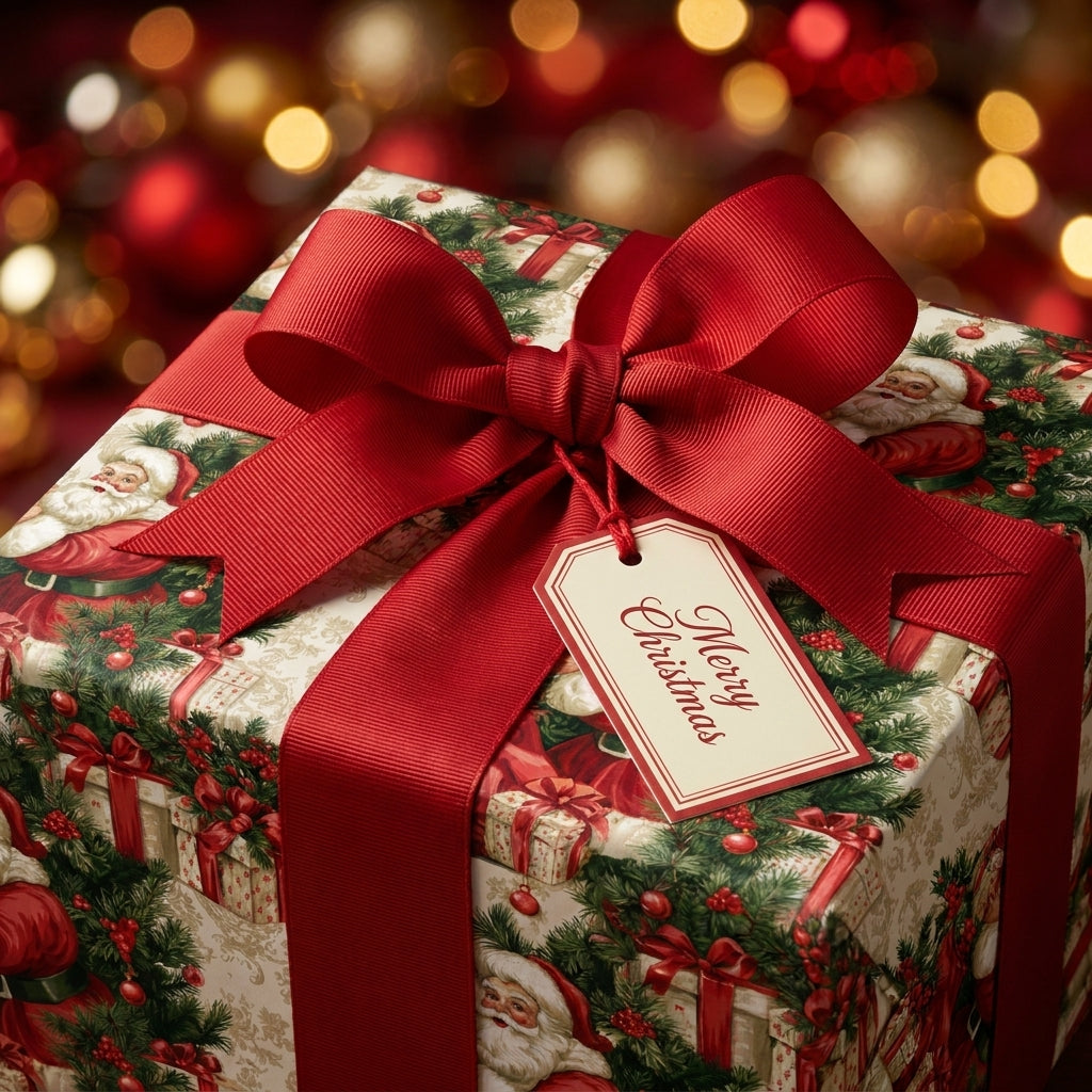 Vintage Santa Claus Christmas wrapping paper with a large red bow and gift tag by Wrapped Studios.