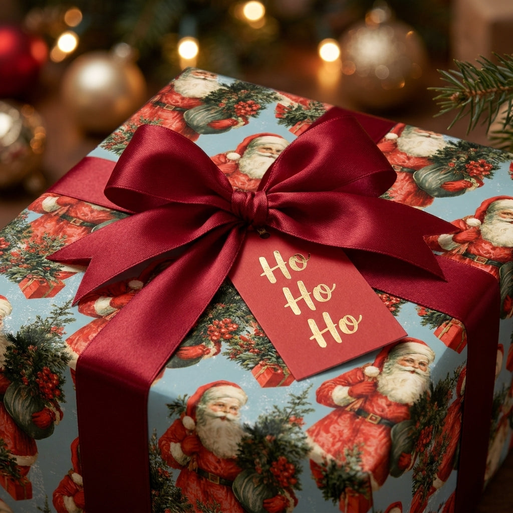 Vintage Santa Christmas wrapping paper with a burgundy ribbon and Ho Ho Ho tag by Wrapped Studios.