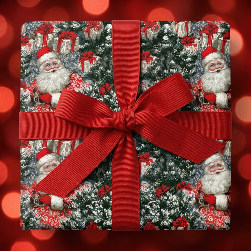 Vintage Santa Claus Christmas wrapping paper with a red ribbon bow by Wrapped Studios.