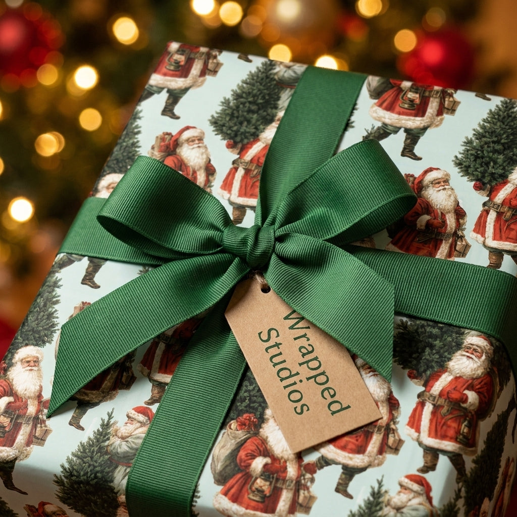 Vintage Santa Claus Christmas wrapping paper with a forest green ribbon and Wrapped Studios gift tag.