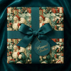 Luxury vintage Santa Christmas gift wrap with a teal ribbon and Wrapped Studios tag on a velvet background.
