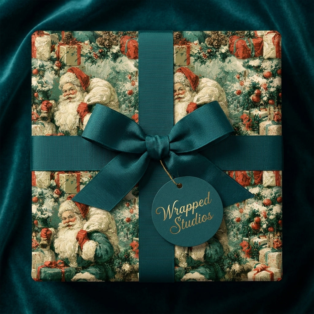 Luxury vintage Santa Christmas gift wrap with a teal ribbon and Wrapped Studios tag on a velvet background.