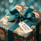Vintage Santa Claus Christmas gift wrap with teal ribbon and Wrapped Studios gift tag.