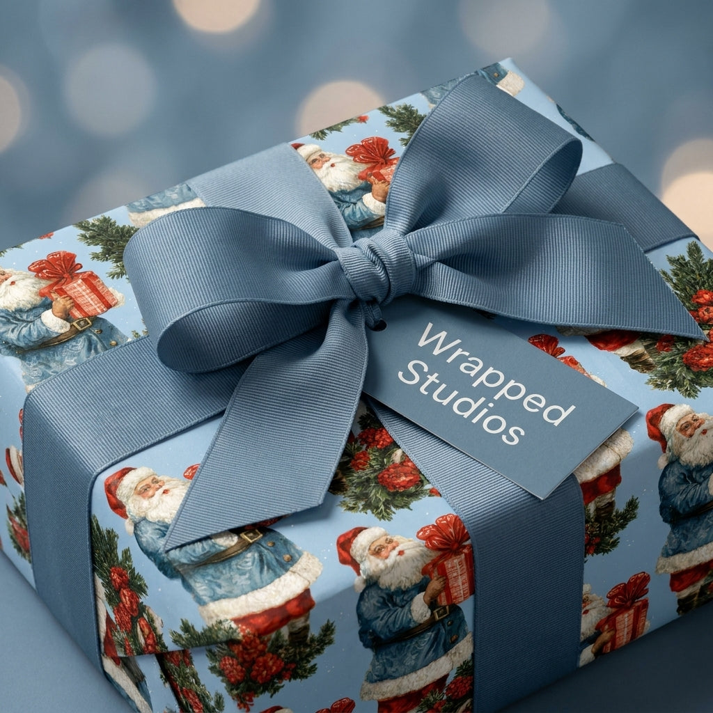Vintage blue Santa Christmas wrapping paper with a matching ribbon bow and tag by Wrapped Studios.