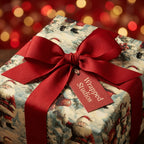 Vintage Santa Claus holiday gift wrap with a red bow and Wrapped Studios tag against festive bokeh lights.