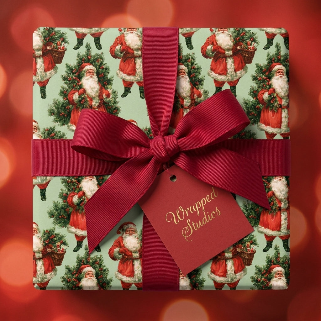 Vintage Santa Claus Christmas wrapping paper with red ribbon and gift tag by Wrapped Studios.