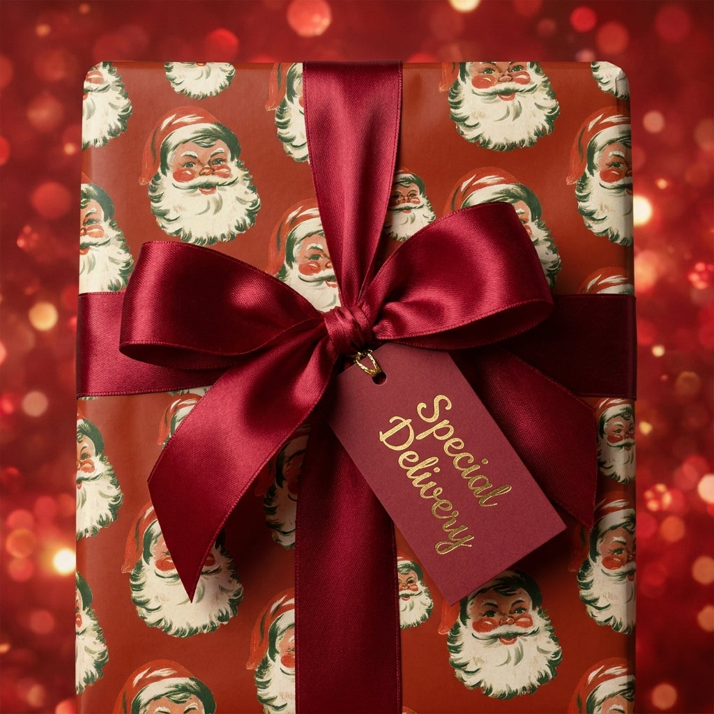 Vintage Santa Christmas wrapping paper with a luxury burgundy bow and gift tag by Wrapped Studios.