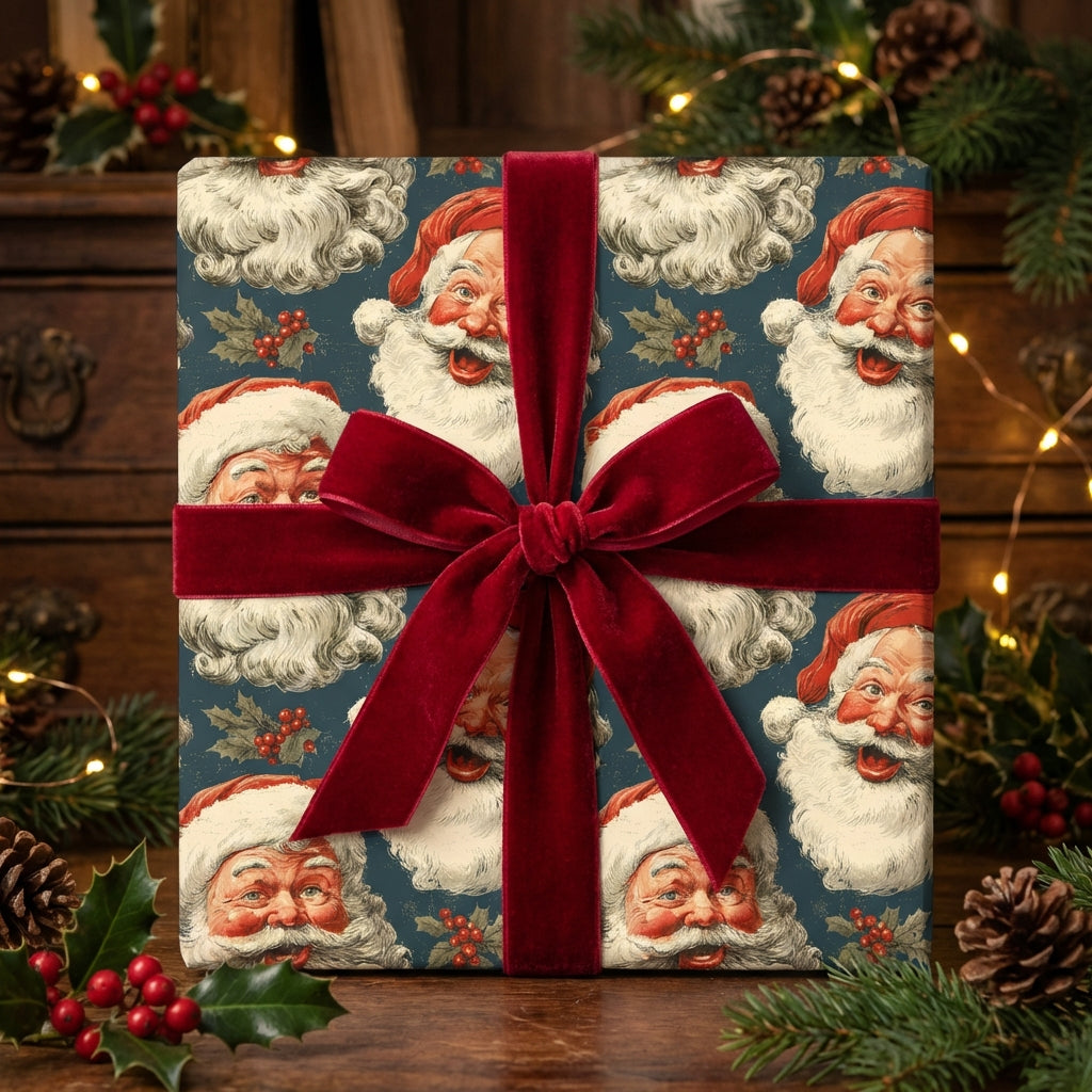 Vintage Santa Christmas gift wrap with a velvet red ribbon. Wrapped Studios.