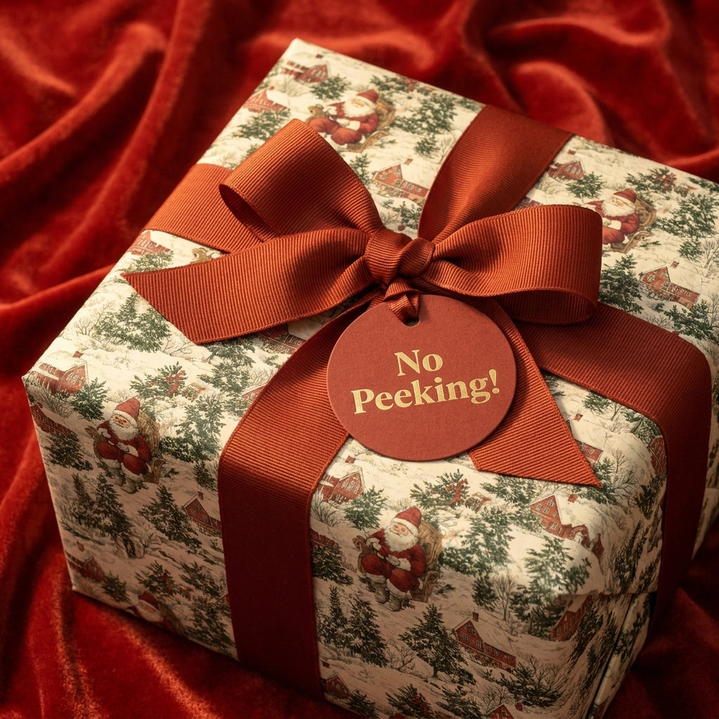 Vintage Santa Christmas wrapping paper by Wrapped Studios on a gift with a red ribbon and 'No Peeking' tag.