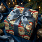 Vintage Santa Christmas gift, wrapped in festive paper with a silky gray bow. Wrapped Studios.