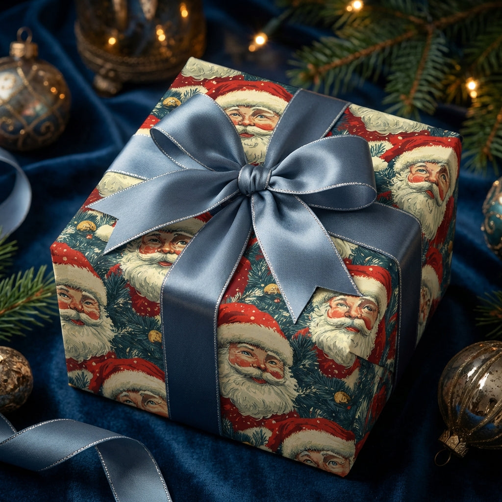 Vintage Santa Christmas gift, wrapped in festive paper with a silky gray bow. Wrapped Studios.