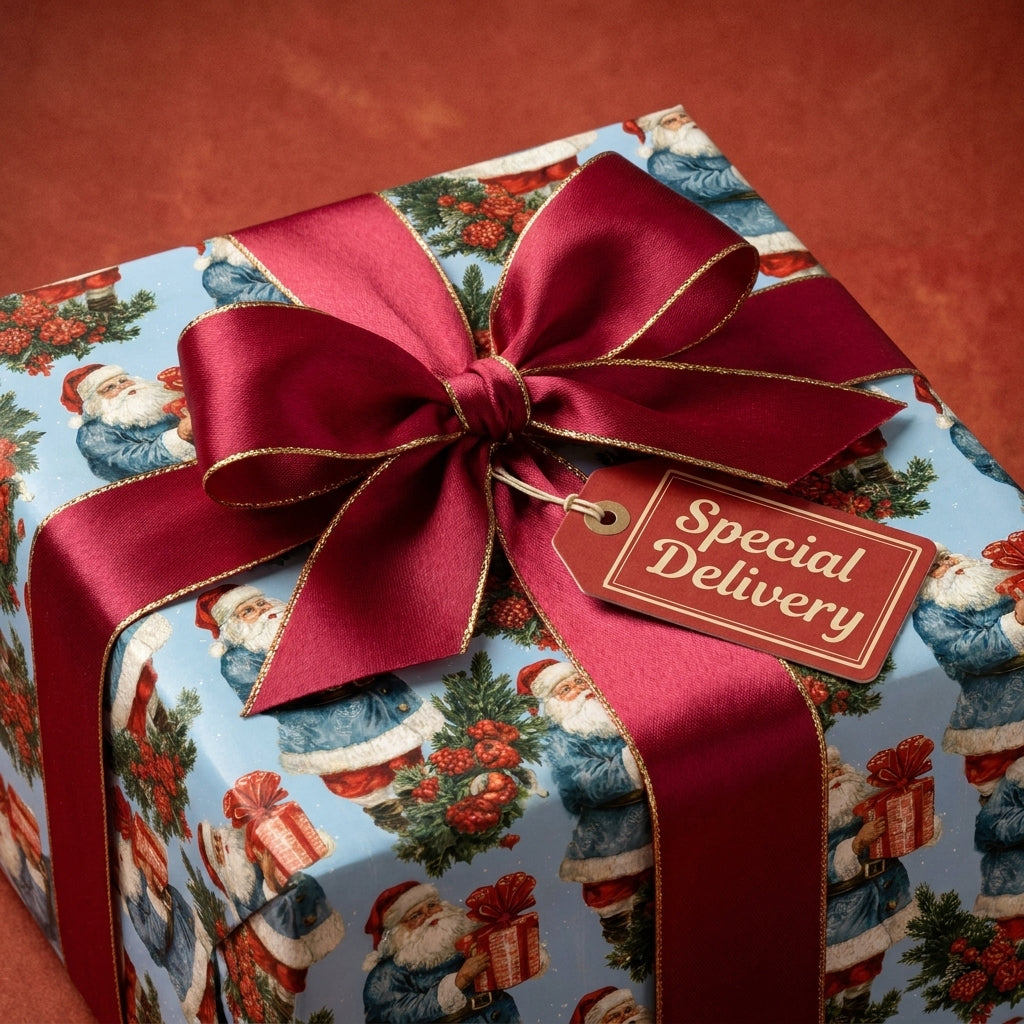 Vintage Santa Christmas wrapping paper with a luxury burgundy bow, by Wrapped Studios.