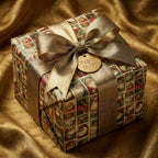 Luxury vintage Santa Claus Christmas gift wrap with gold bow by Wrapped Studios.