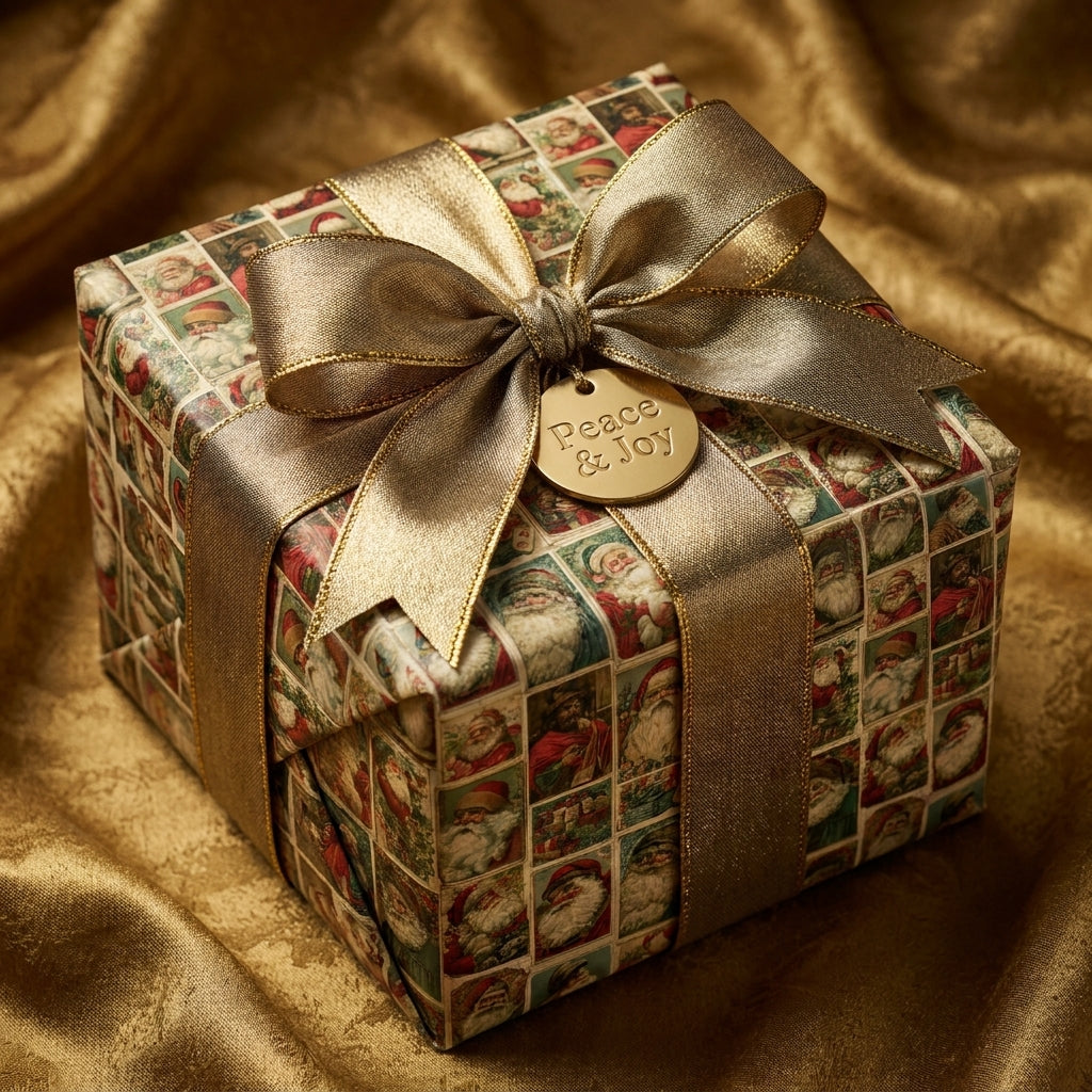 Luxury vintage Santa Claus Christmas gift wrap with gold bow by Wrapped Studios.