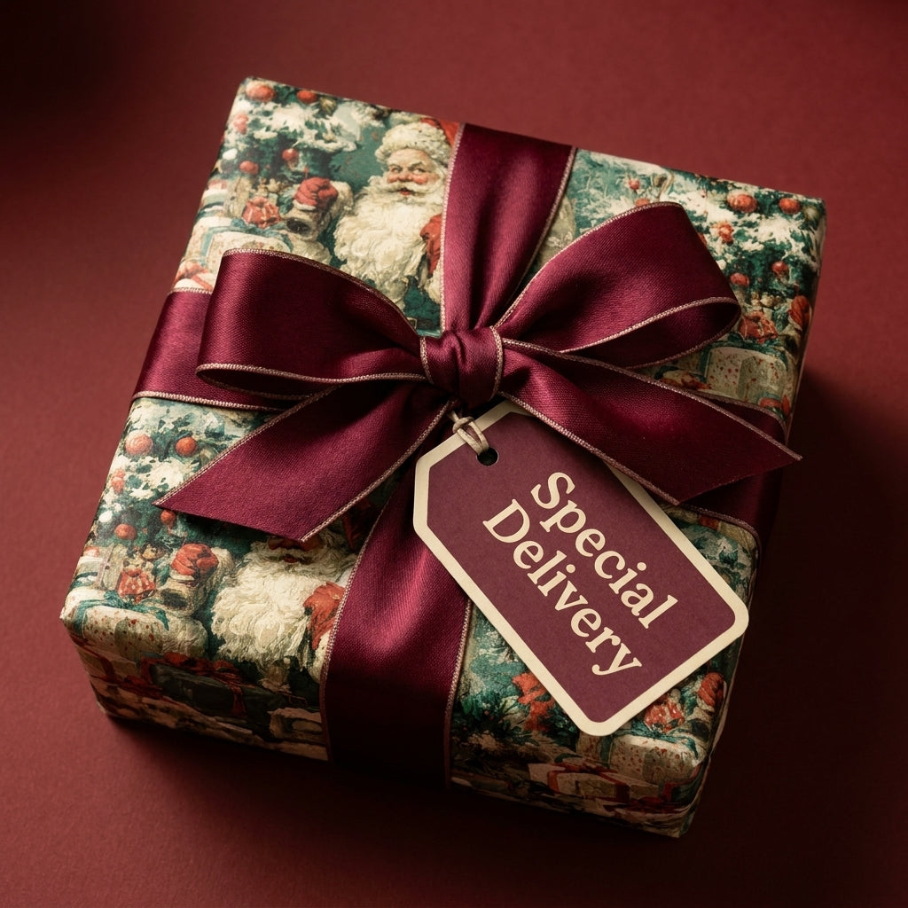 Vintage Santa Claus Christmas gift wrap with a luxury burgundy ribbon and Special Delivery tag by Wrapped Studios.